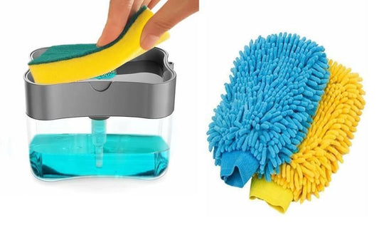 Soap Dispenser - 2 in 1 Soap Dispenser With Microfibre Wash Dust Cleaning Gloves